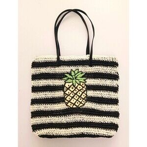 Topshop Woven Straw Lg Tote Pineapple Blk/Ivory Stripes Double Straps 18X4X16